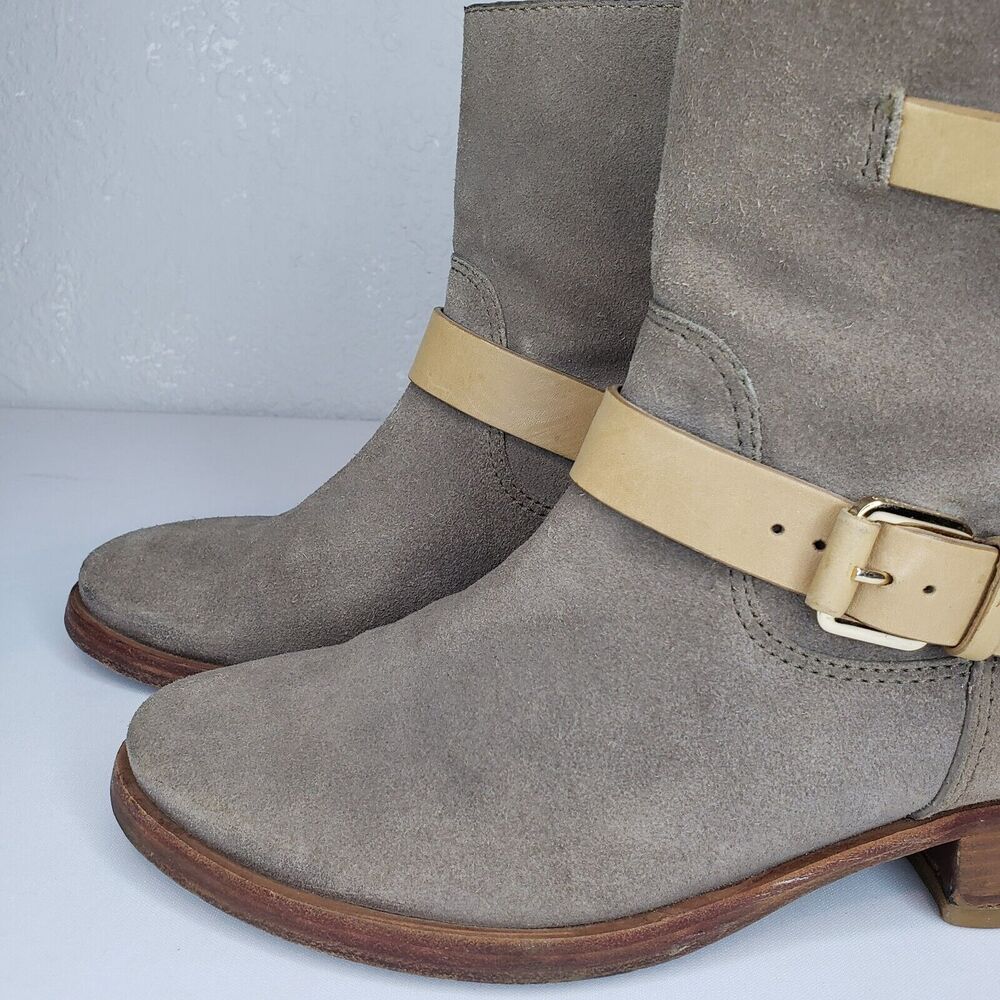 TORY BURCH Bennie Moto Engineer BootsTaupe Leather Double Buckle Ankle Size 7.5M - Picture 8 of 16